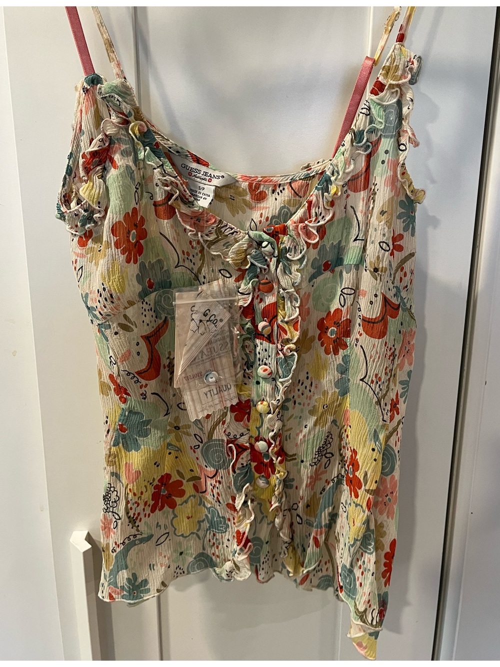 NWT* Guess sheer Camisole top*Floral Ruffle in Cream Multi*Spaghetti straps *